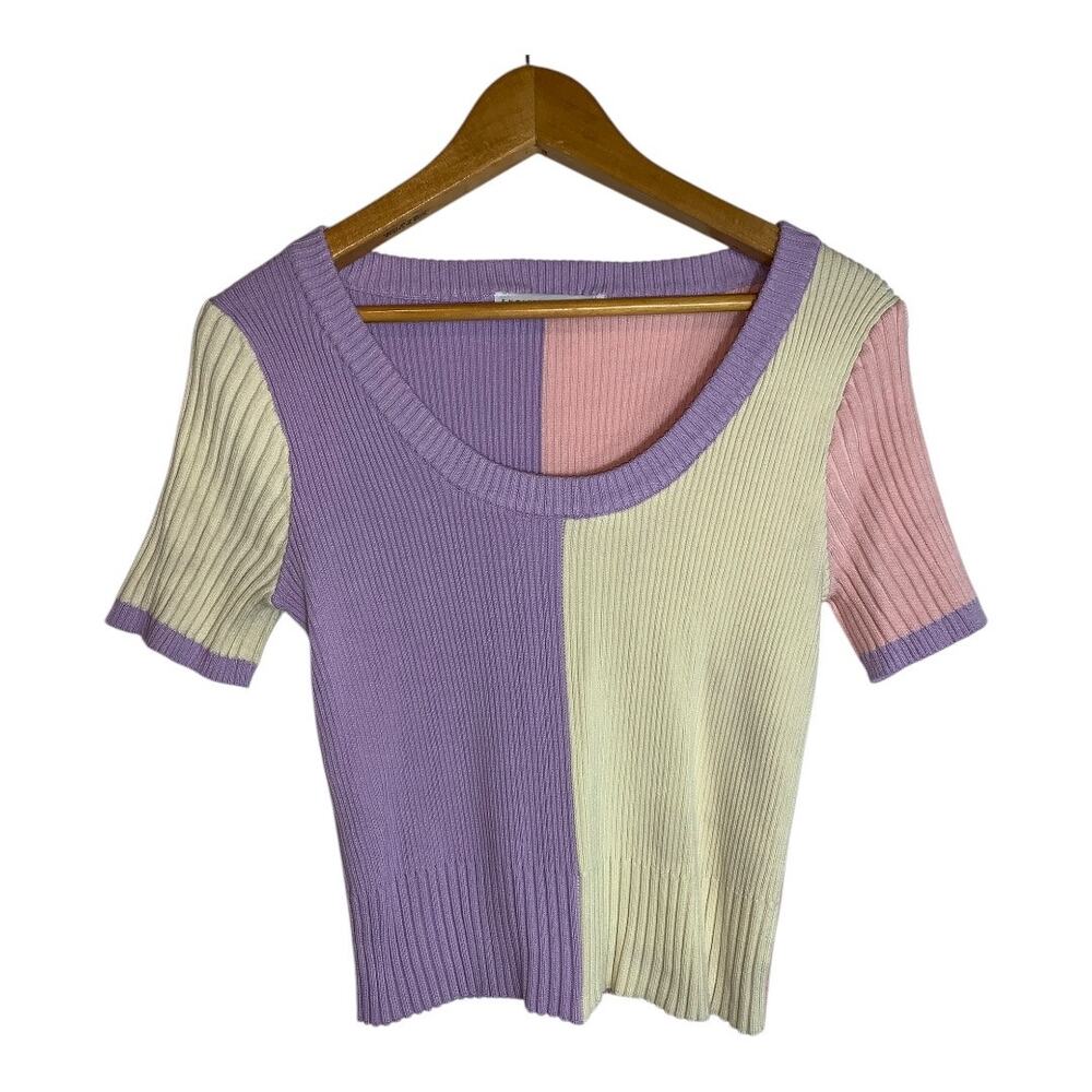 English Factory Women's Ribbed Pastel Color Block Short Sleeve Sweater Top M/L